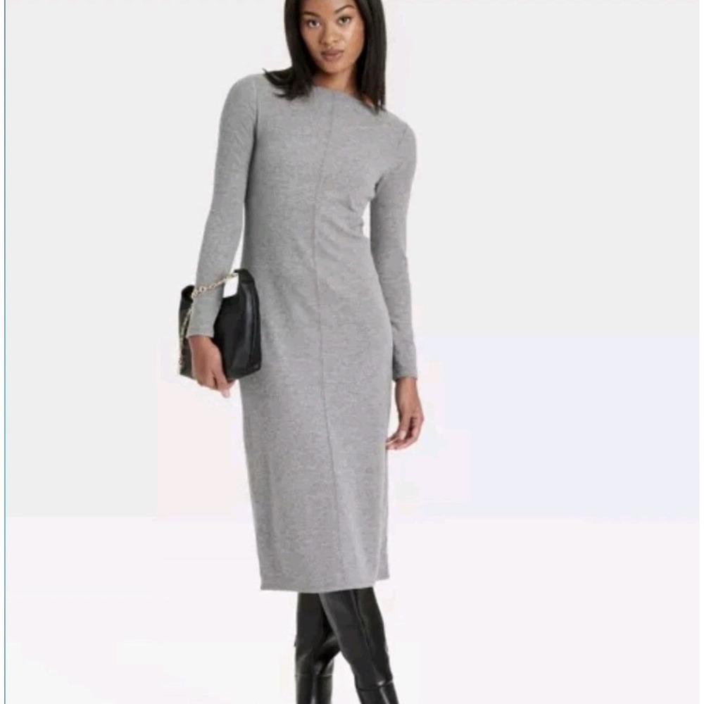 A New Day Womens Gray Knit Long Sleeve Midi Sheath Dress Boat Neck XS NWT Soft
